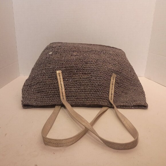 FLORA BELLA for ANTHROPOLOGIE Gray & Silver Woven Raffia Tote Bag - Picture 9 of 15
